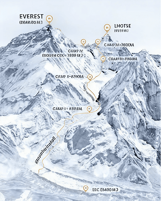 Mount Everest route overview with Khumbu Icefall and nearby camps