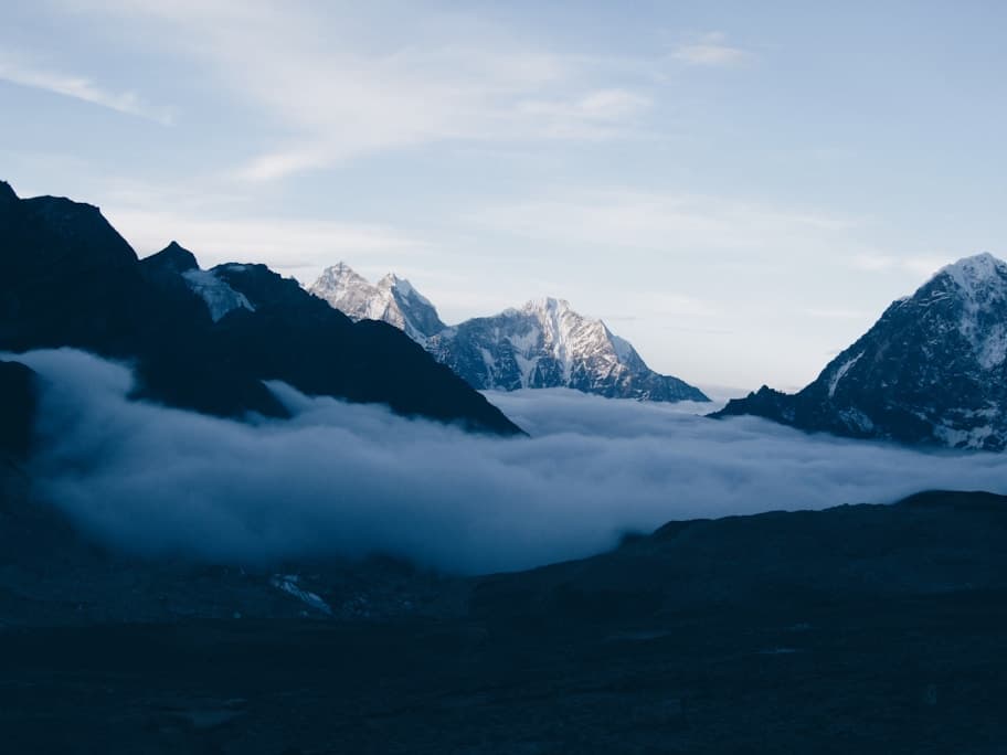 Panoramic Khumbu valley view with Himalayan peaks above the clouds
