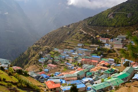 Namche Bazaar colourful rooftops set against the mountain valley